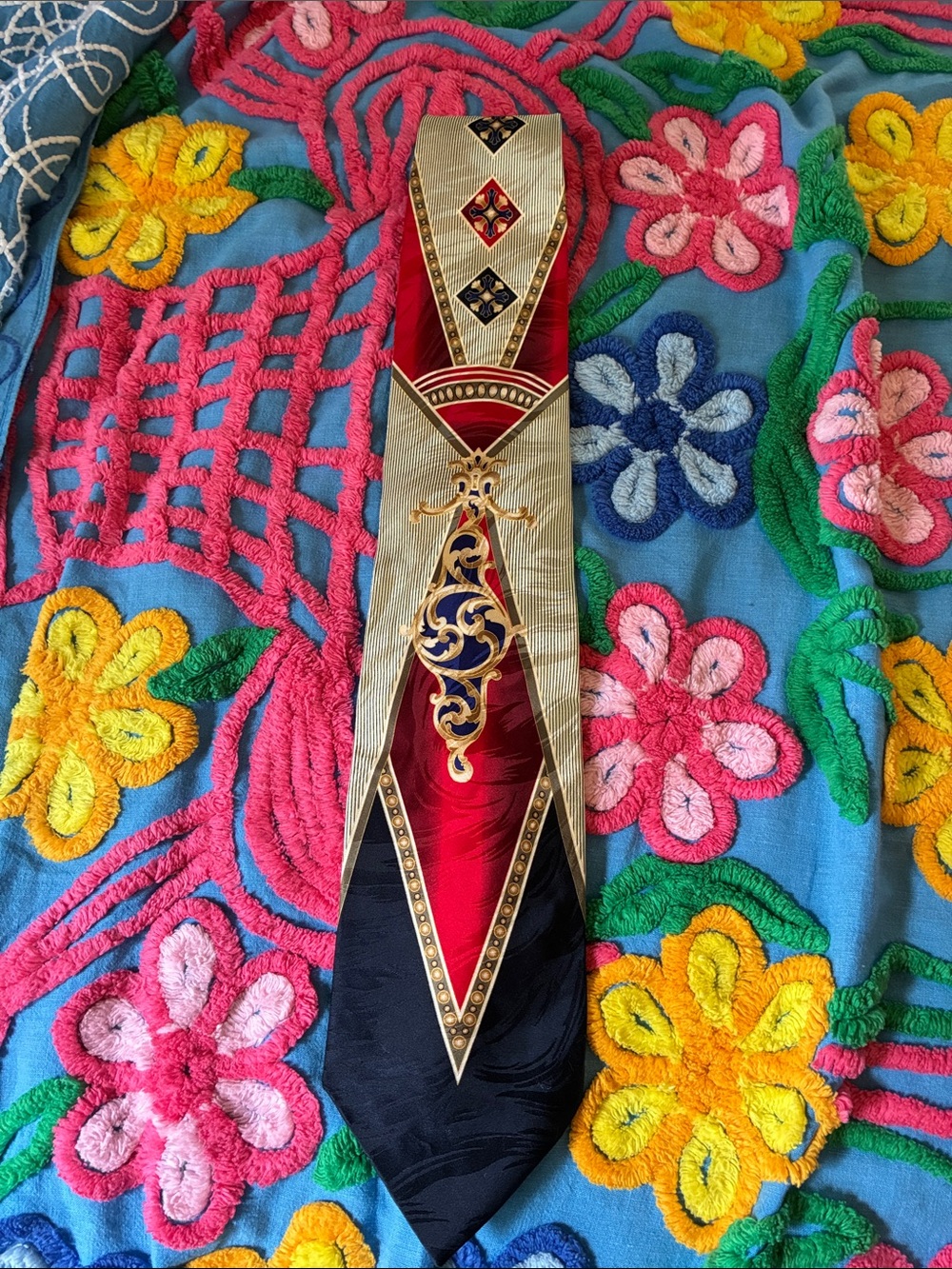 Vintage Ornate Red, Gold & Navy Silk Necktie by Dimoggio Gold